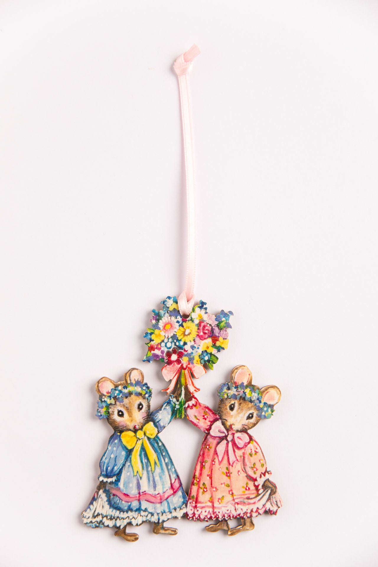 Spring Twin Mice ~ Hanging Wooden Decoration