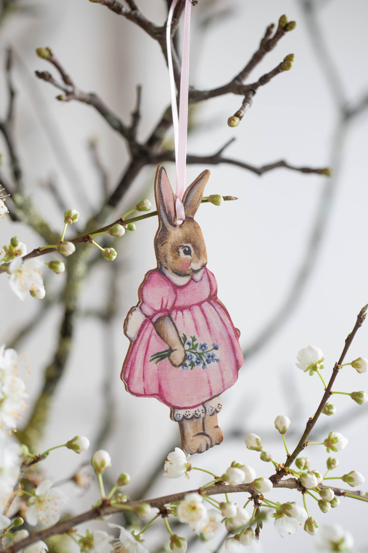 Mrs Bunny with Forget Me Nots~ Fortnum and Mason Collaboration ~ Hanging Wooden Decoration