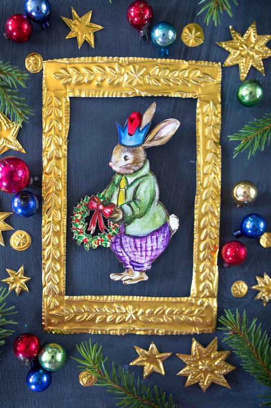 Mr Rabbit with Garland ~ Wooden Hanging Decoration