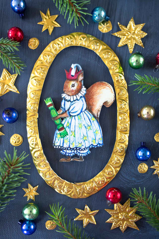 Mrs Squirrel with Cracker ~ Wooden Hanging Decoration