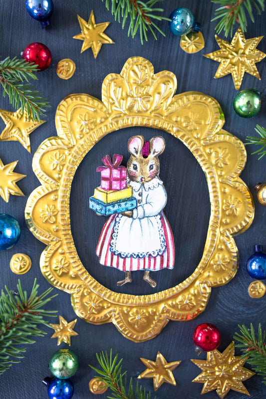 Mrs Mouse with Gifts ~ Wooden Hanging Decoration