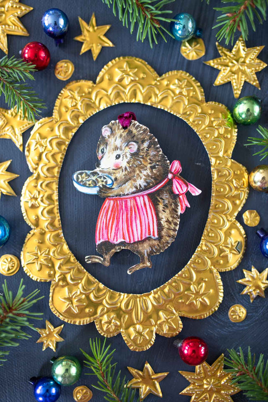 Mrs Hedgehog and Mince Pies ~ Wooden Hanging Decoration
