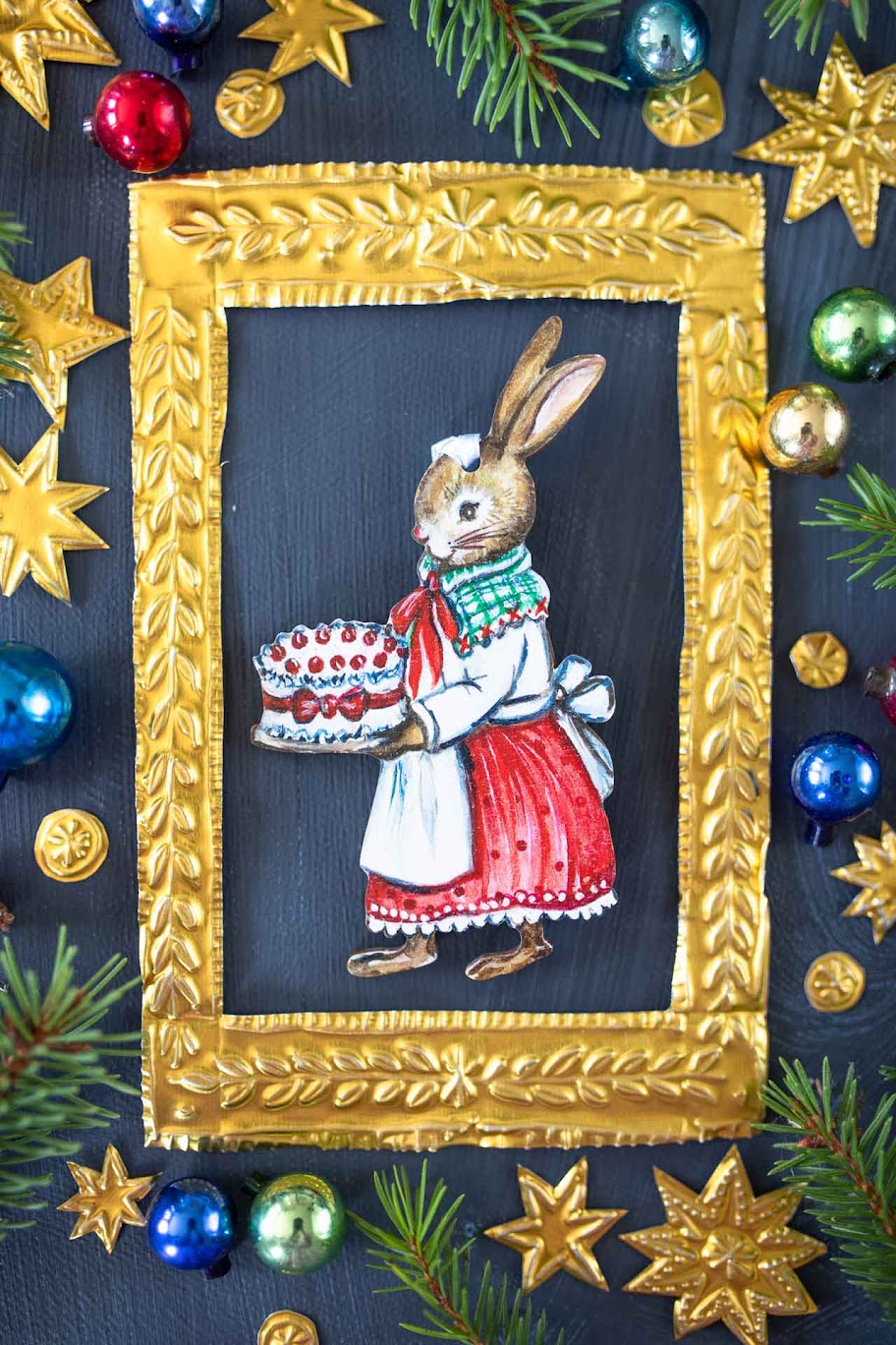 Mrs Rabbit with Christmas Cake~ Hanging Wooden Decoration
