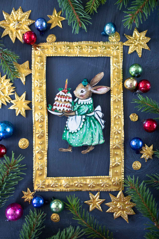 Mrs Rabbit with Pudding ~ Hanging Wooden Decoration