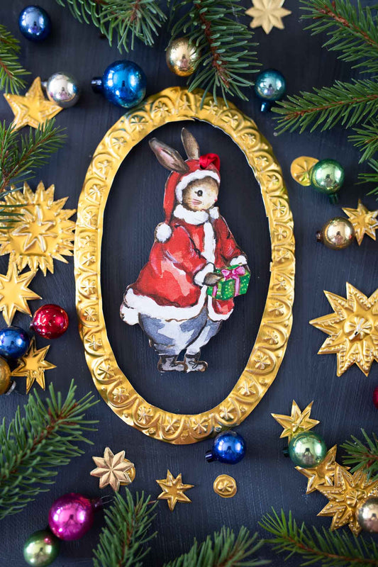Santa Bunny ~ Hanging Wooden Decoration