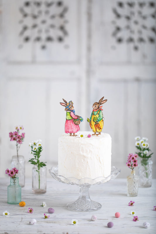 Gardening Bunny with Basket of Flowers ~ Wooden Cake Topper