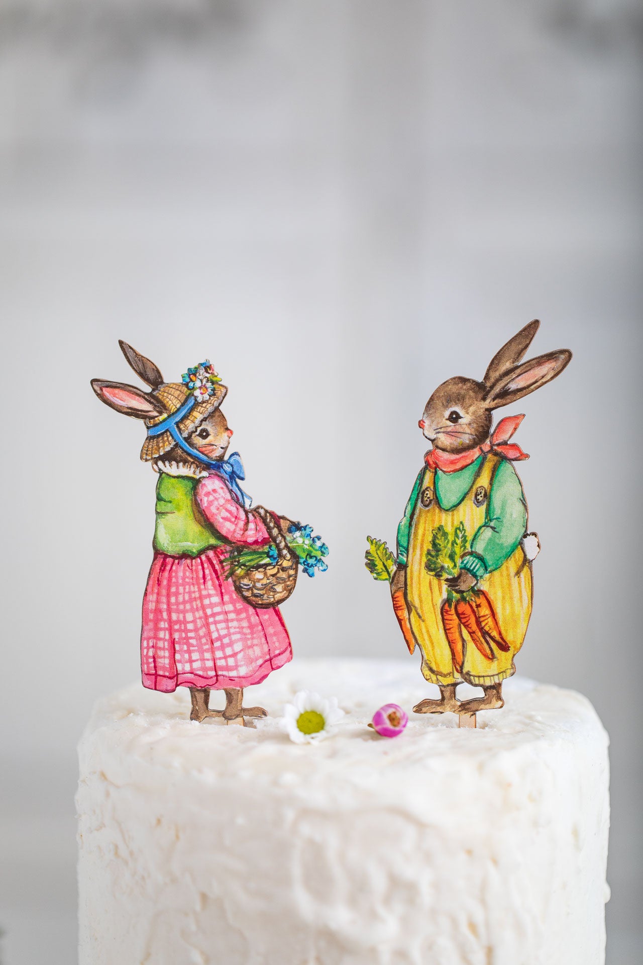 Gardening Bunny with Basket of Flowers ~ Wooden Cake Topper