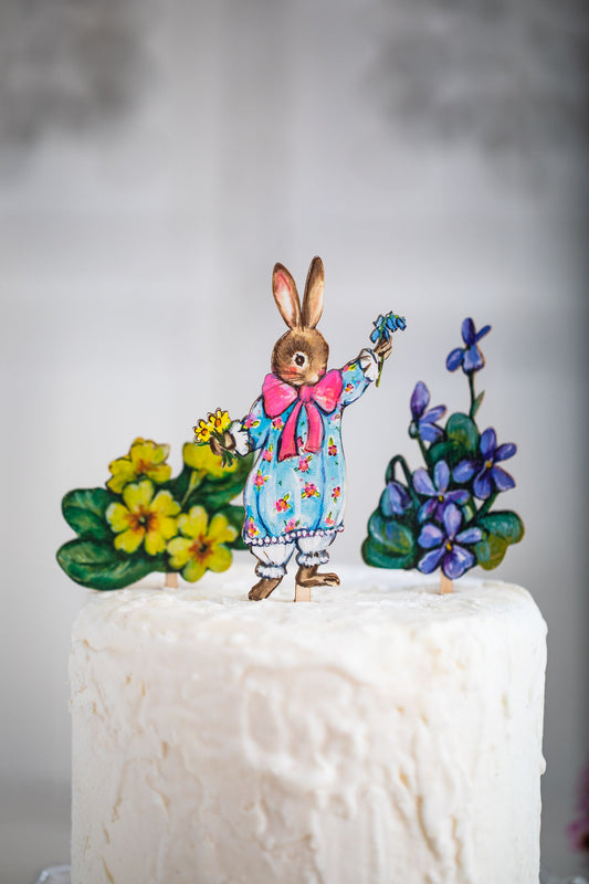 Bunny Picking Flowers ~ Wooden Cake Topper