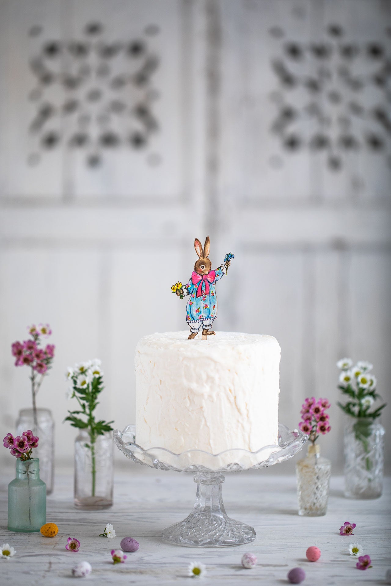 Bunny Picking Flowers ~ Wooden Cake Topper