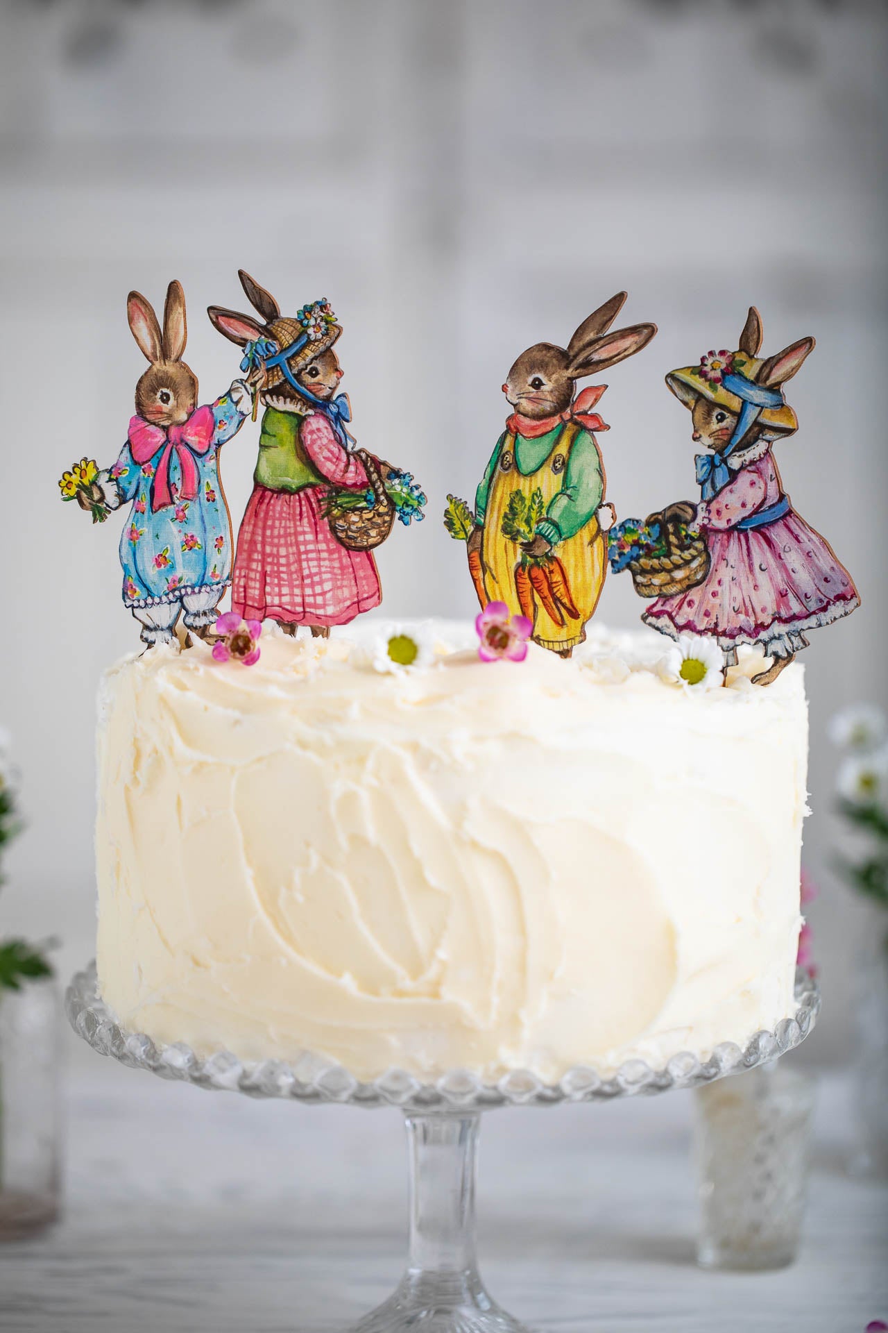 Gardening Bunny with Basket of Flowers ~ Wooden Cake Topper