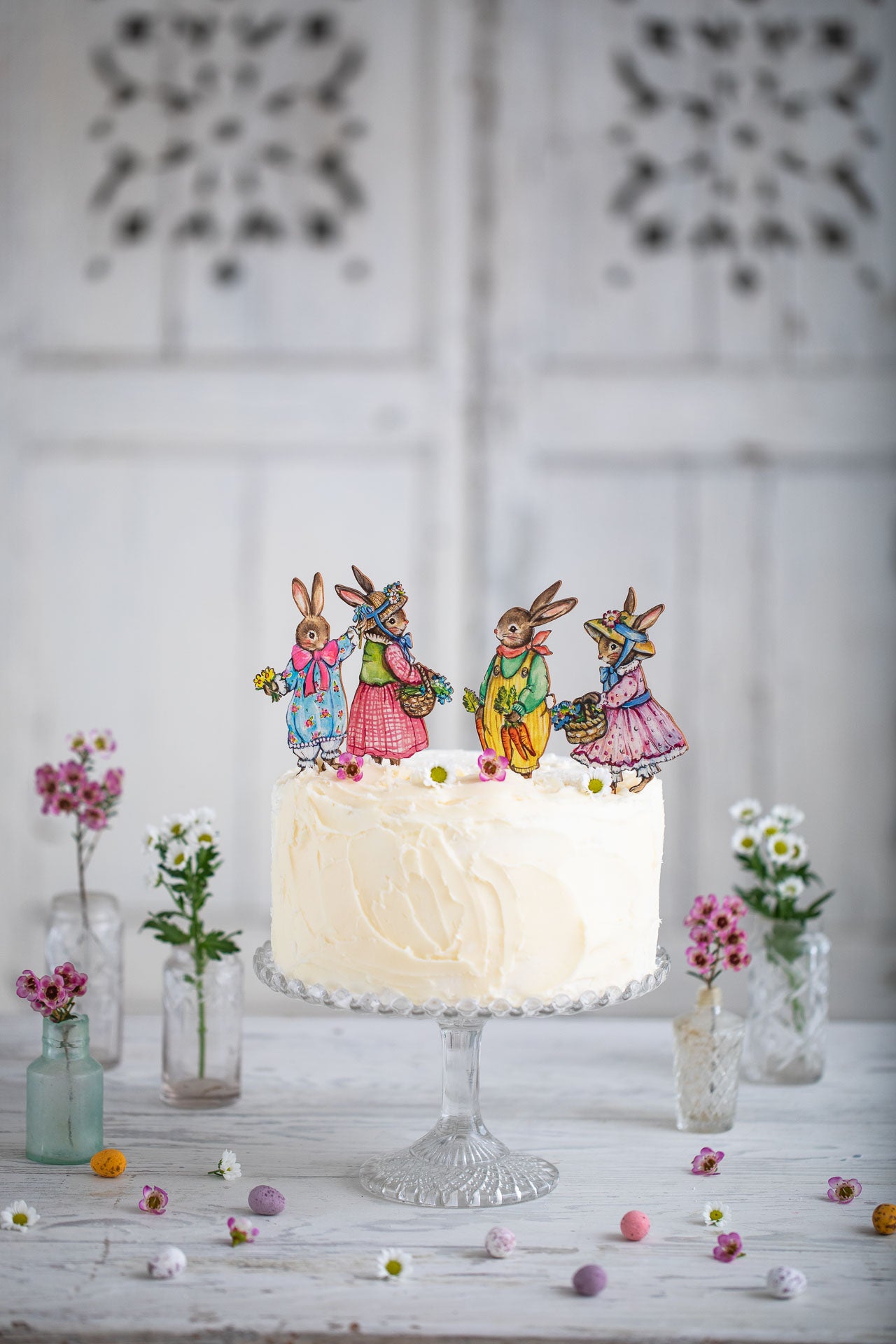 Gardening Bunny with Basket of Flowers ~ Wooden Cake Topper