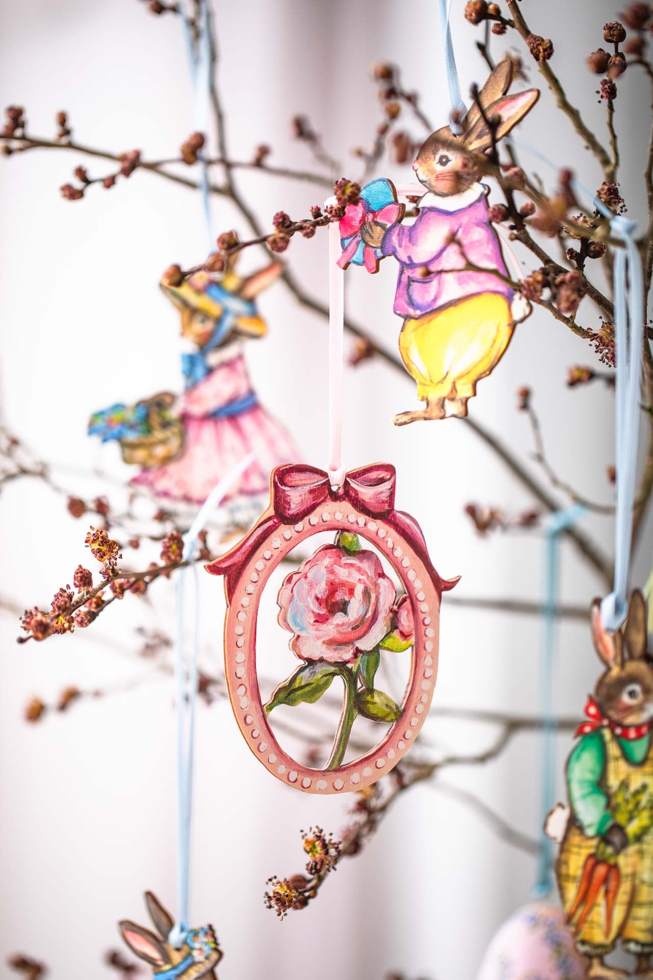 Pink Rose With Bow ~ Hanging Wooden Decoration
