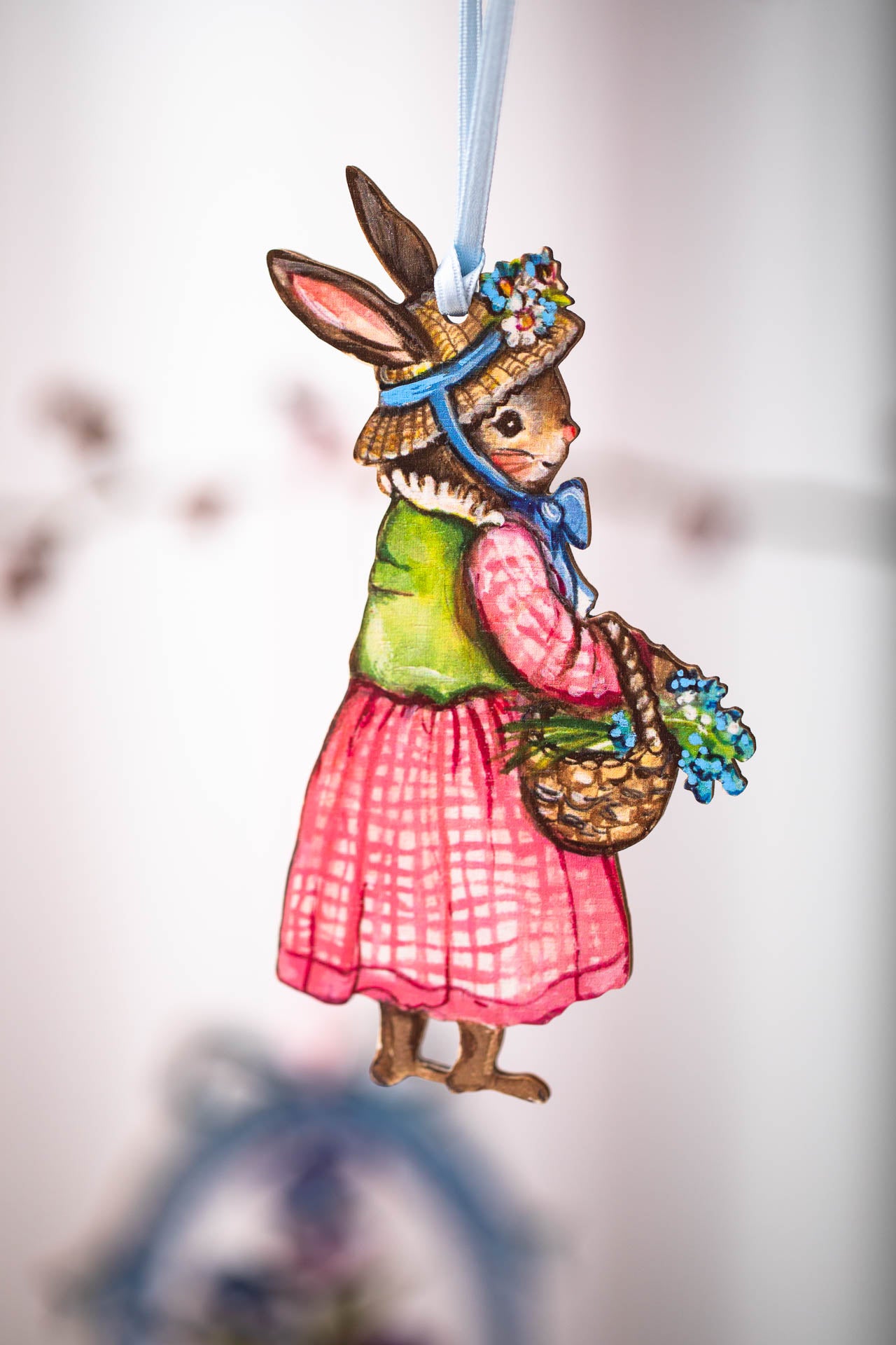 Gardening Bunny With Basket ~ Hanging Wooden Decoration