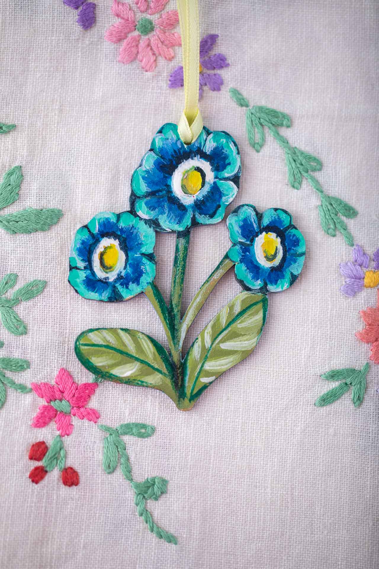 Hand Painted Flower ~ Primula~ Hanging Wooden Decoration