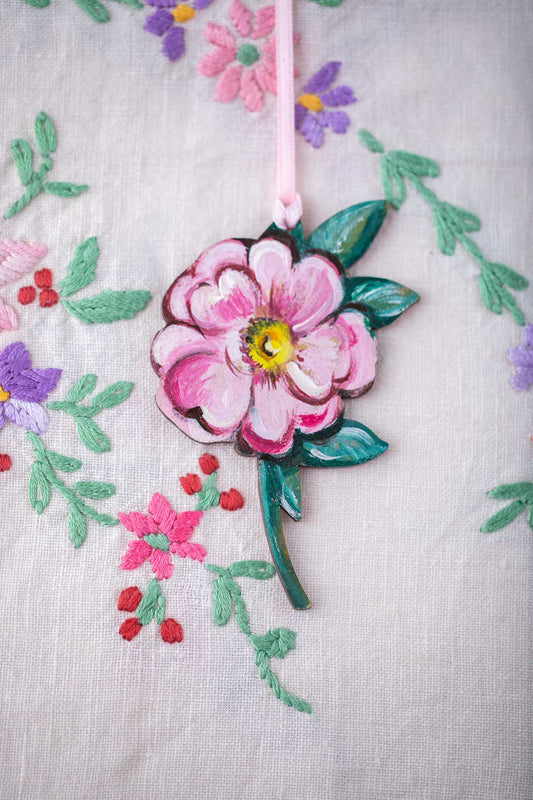 Hand Painted Flower ~ Dog Rose ~ Hanging Wooden Decoration