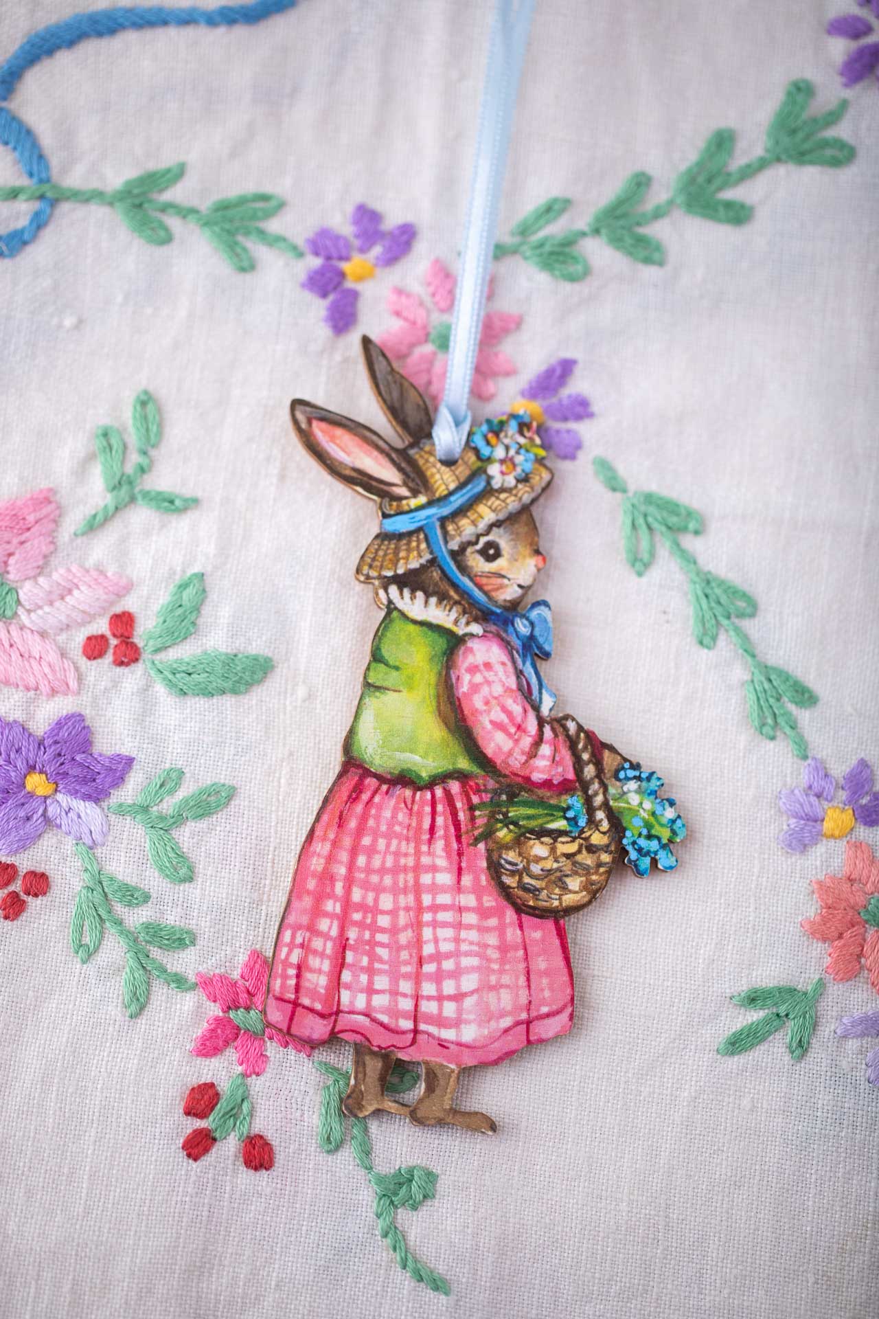 Gardening Bunny With Basket ~ Hanging Wooden Decoration
