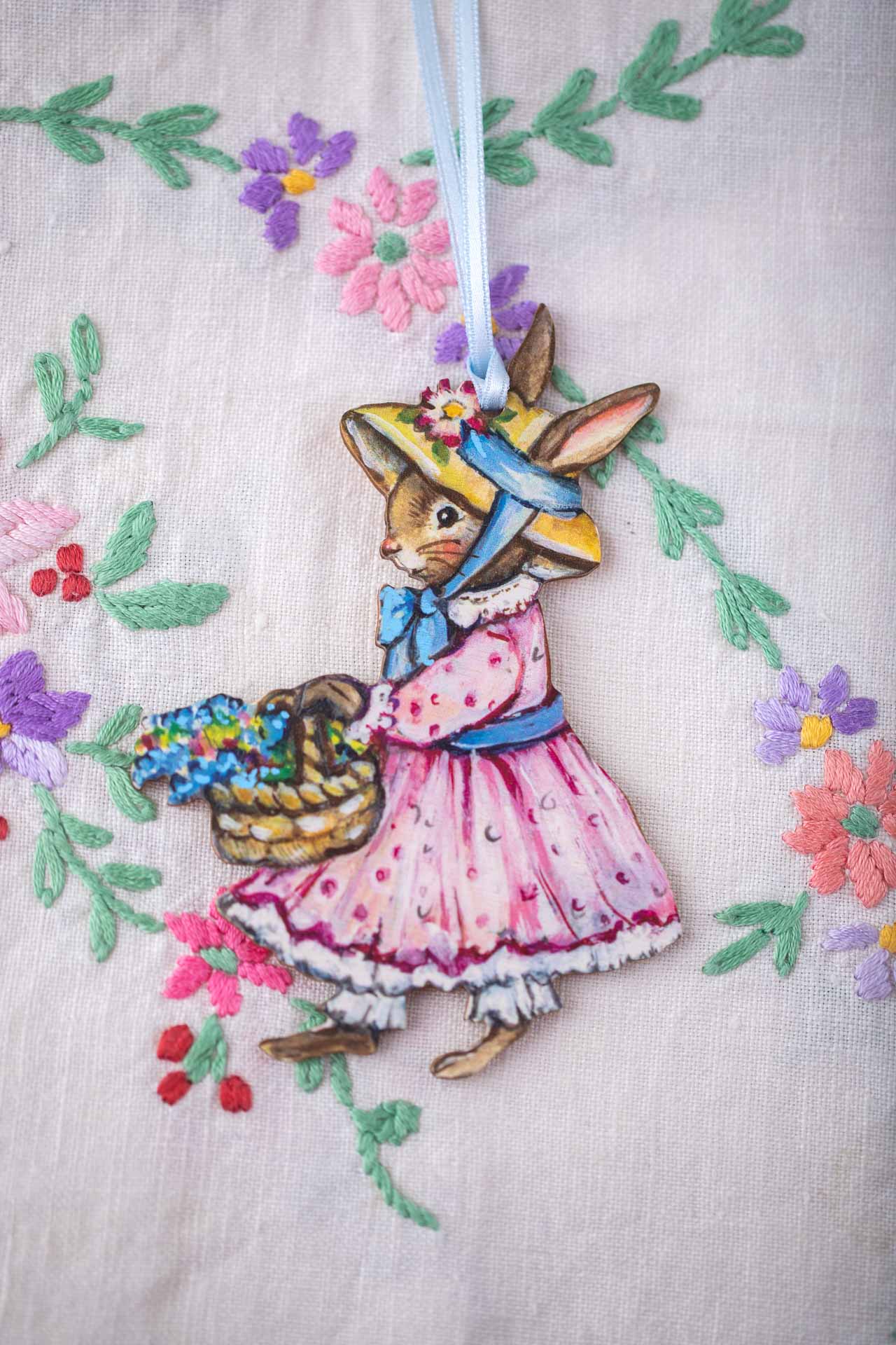 Garden Bunny with Basket ~ Amy Swann X Fortnum & Mason ~ Hanging Wooden Decoration