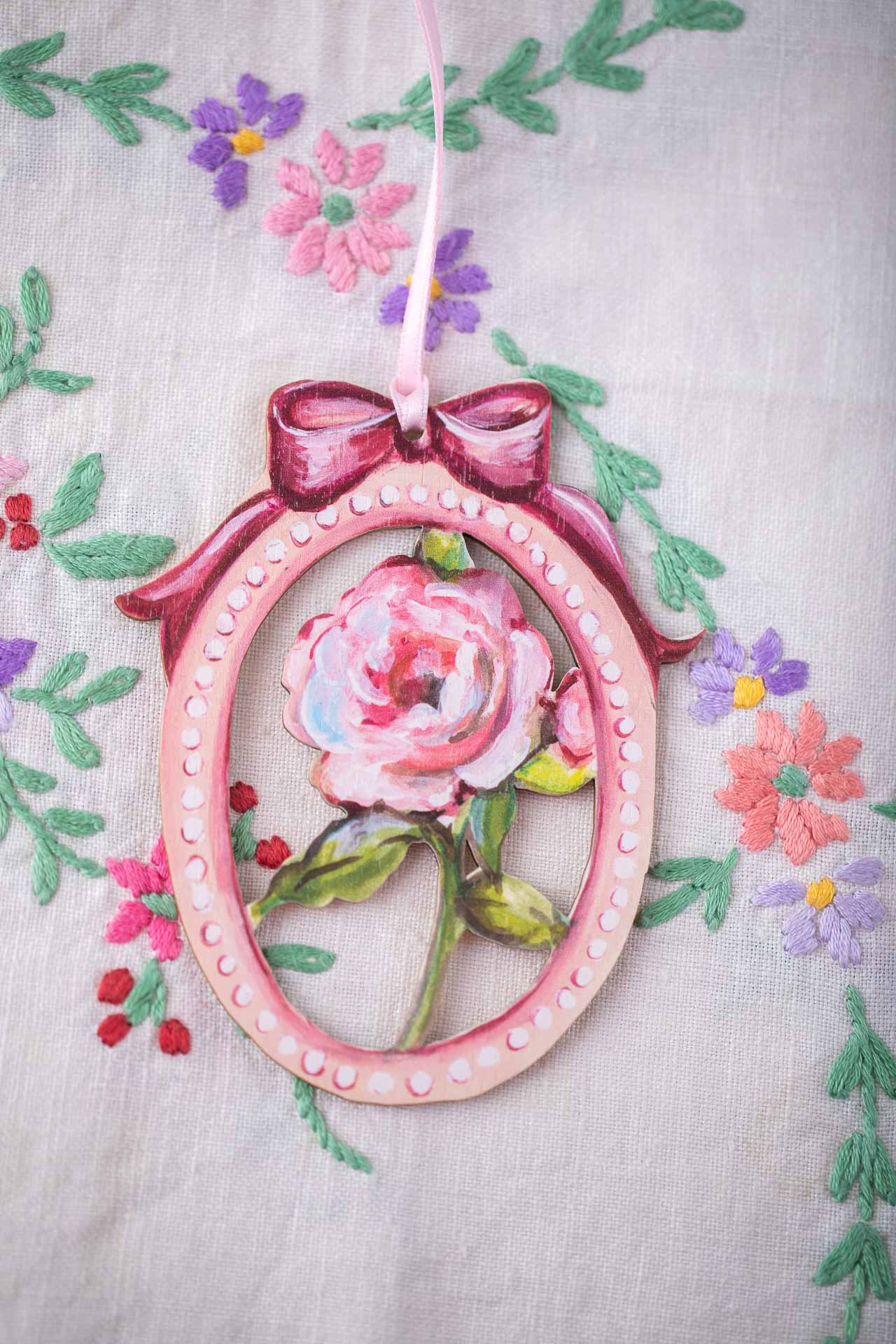 Pink Rose With Bow ~ Hanging Wooden Decoration
