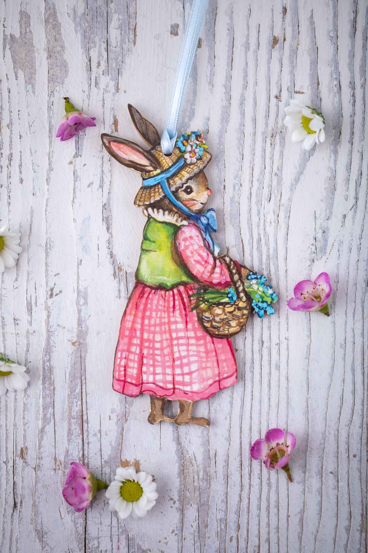 Gardening Bunny With Basket ~ Hanging Wooden Decoration