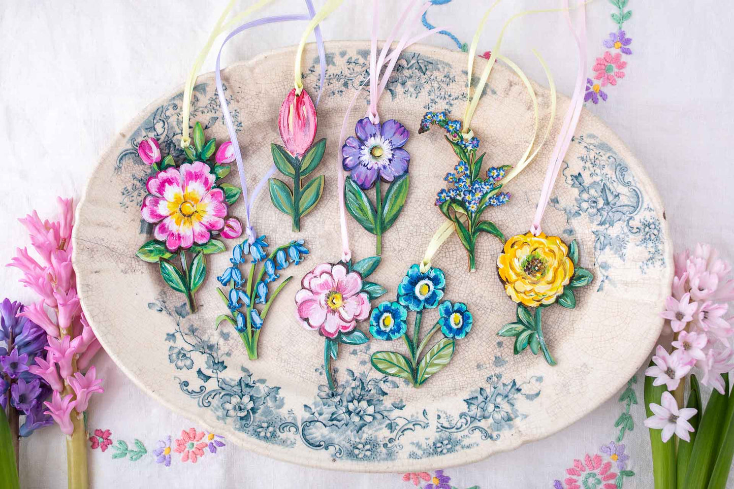 Hand Painted Flower ~ Dog Rose ~ Hanging Wooden Decoration