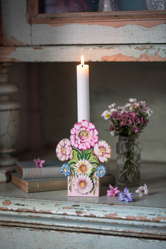 Folk Flowers ~ Wooden Candle Holder