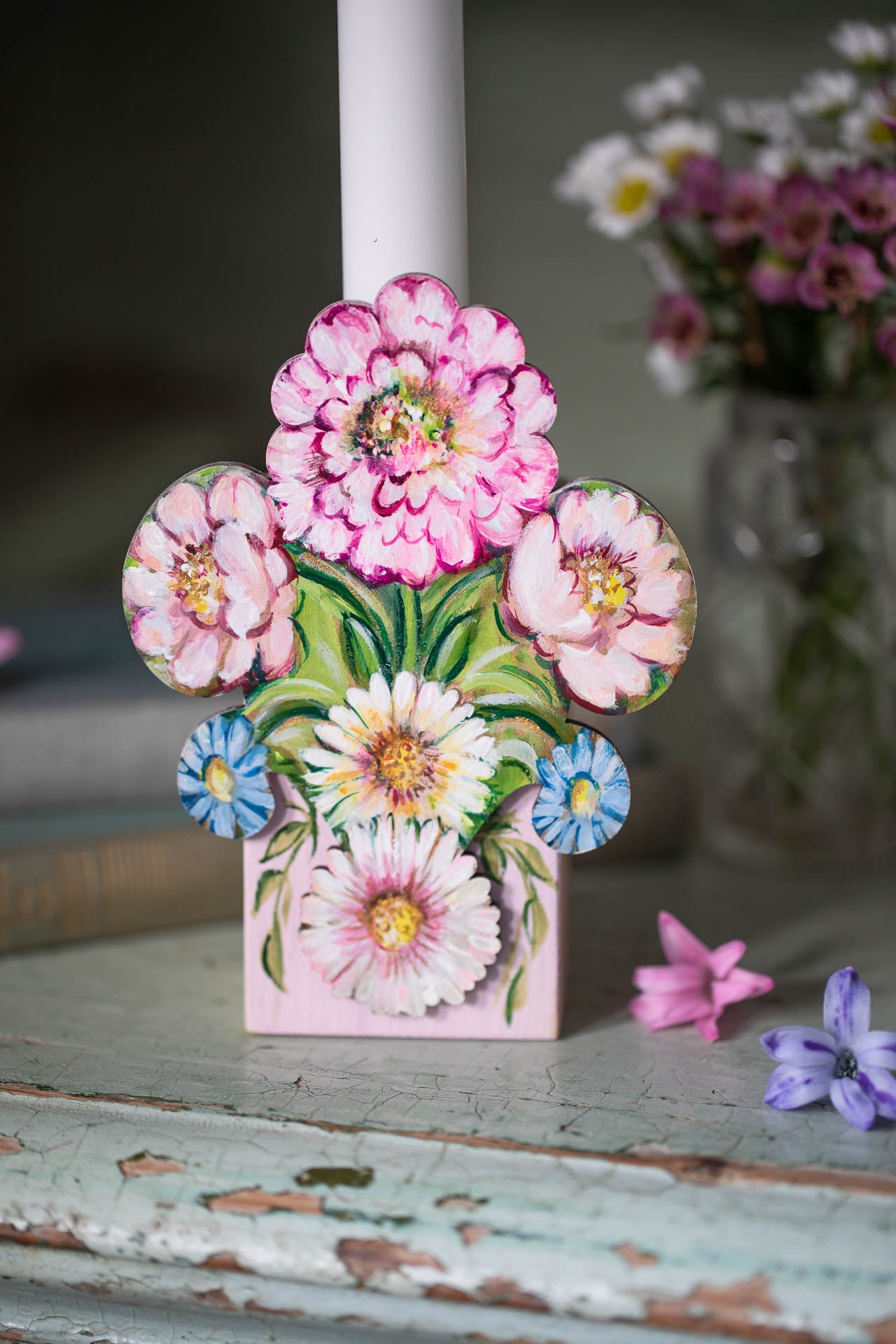 Folk Flowers ~ Wooden Candle Holder