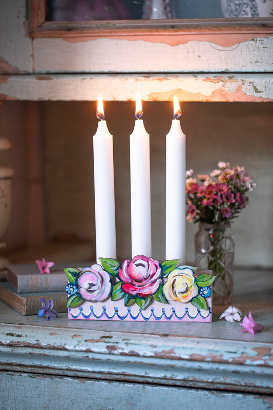 Fleur Bohemia Candle Holder ~ Hand painted Wooden