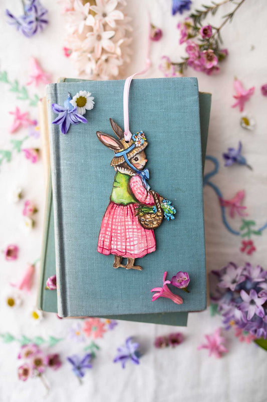 Gardening Bunny With Basket ~ Hanging Wooden Decoration