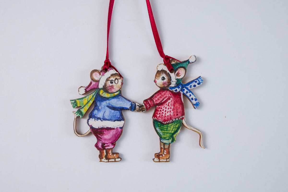 Skating Mice (Boys) ~ Hanging Wooden Decoration