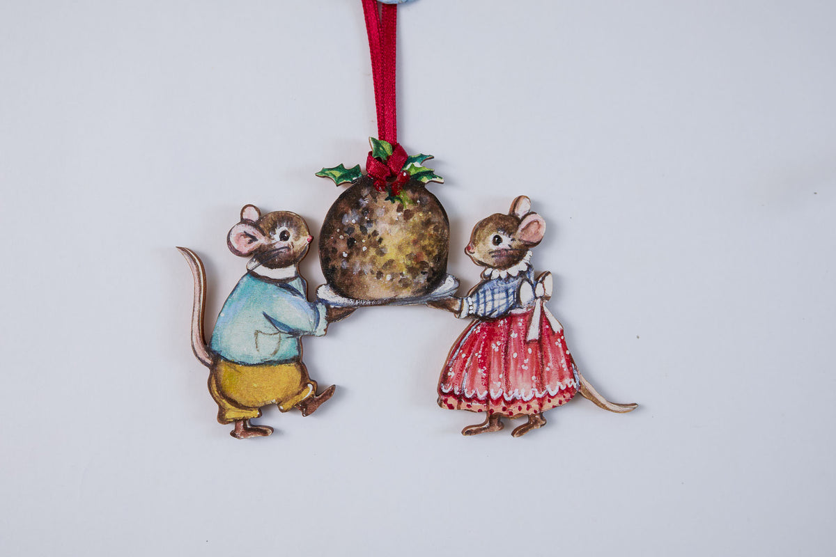 Mr and Mrs Mouse and the Christmas Pudding ~ Hanging Wooden Decoration