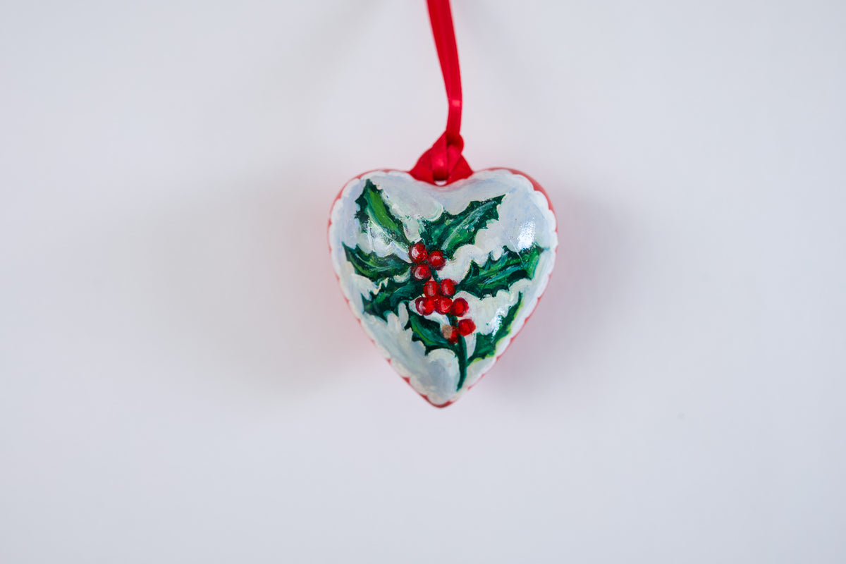 Holly Heart ~ Hand Painted Ceramic Heart Bauble