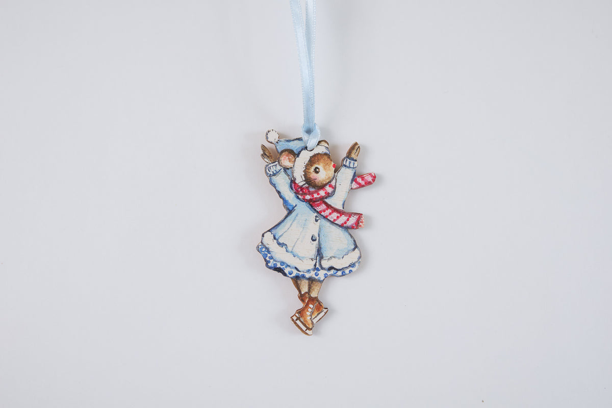 Trio of Skating Mice ~ Hanging Wooden Decorations