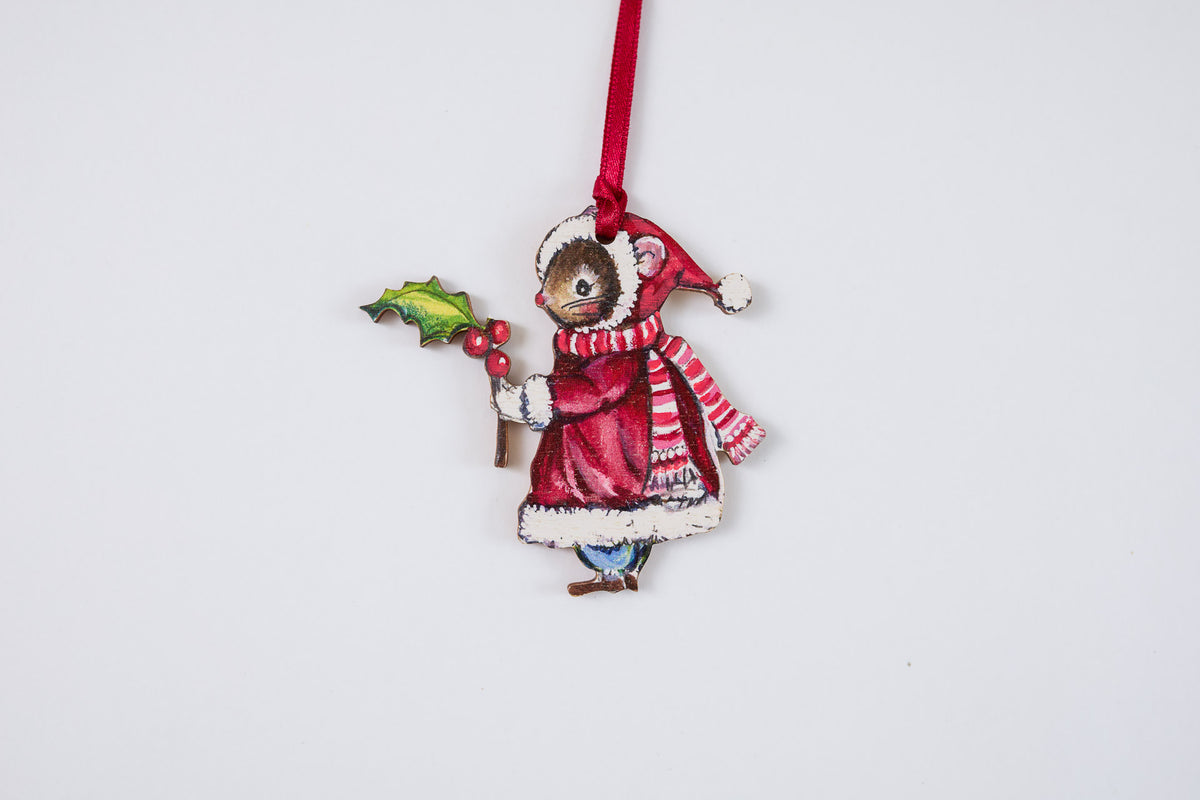 Christmas Holly Mouse ~ Hanging Wooden Decoration