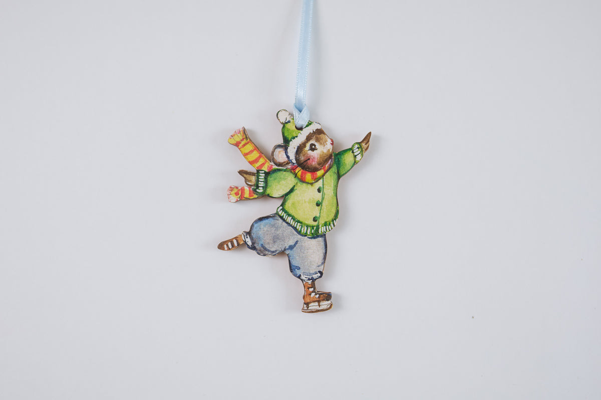 Trio of Skating Mice ~ Hanging Wooden Decorations
