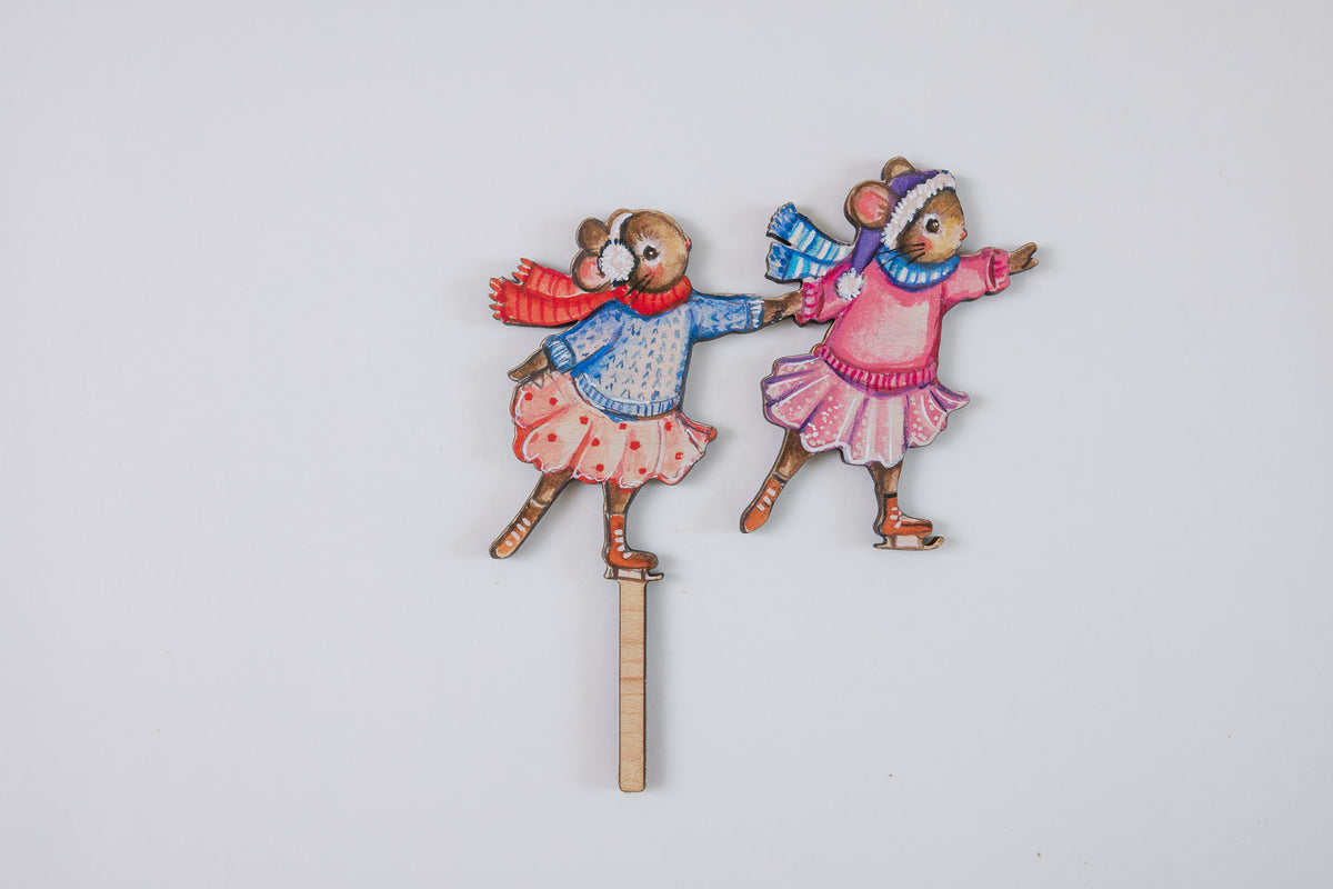Skating Mice ~ Girls ~ Wooden Cake Topper