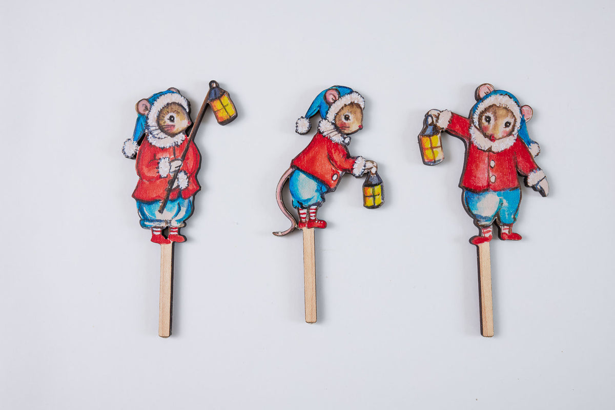 Trio of Elf Mice ~ Wooden Cake Toppers