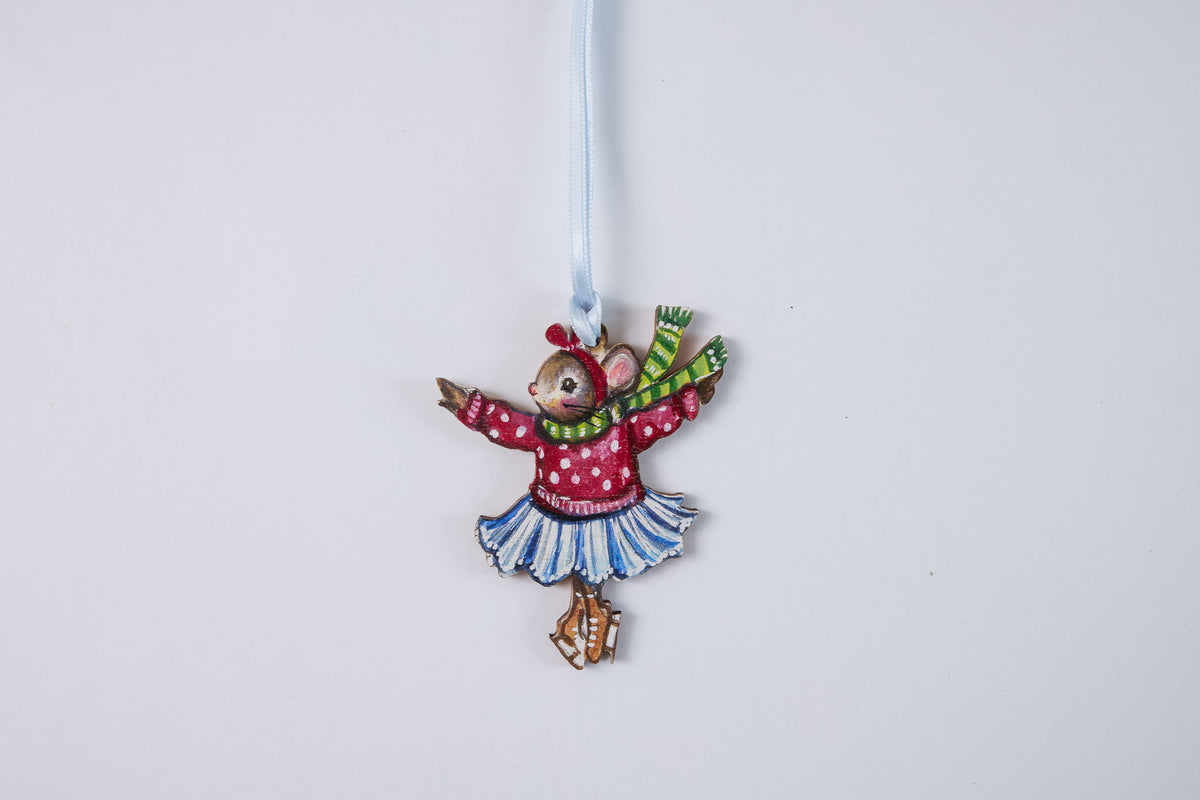 Trio of Skating Mice ~ Hanging Wooden Decorations