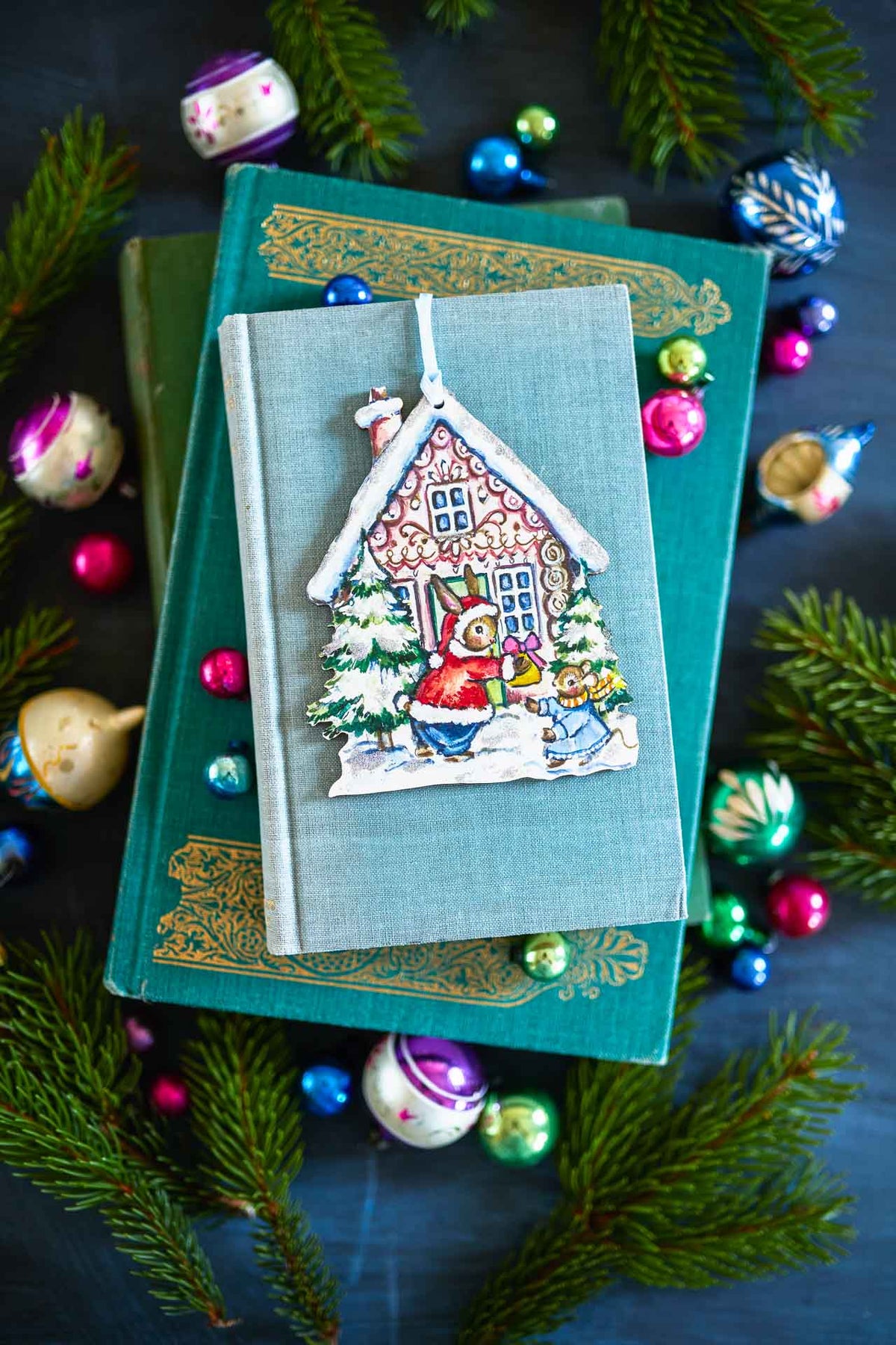Gingerbread House with Rabbit and Mouse ~ Hanging Wooden Decoration