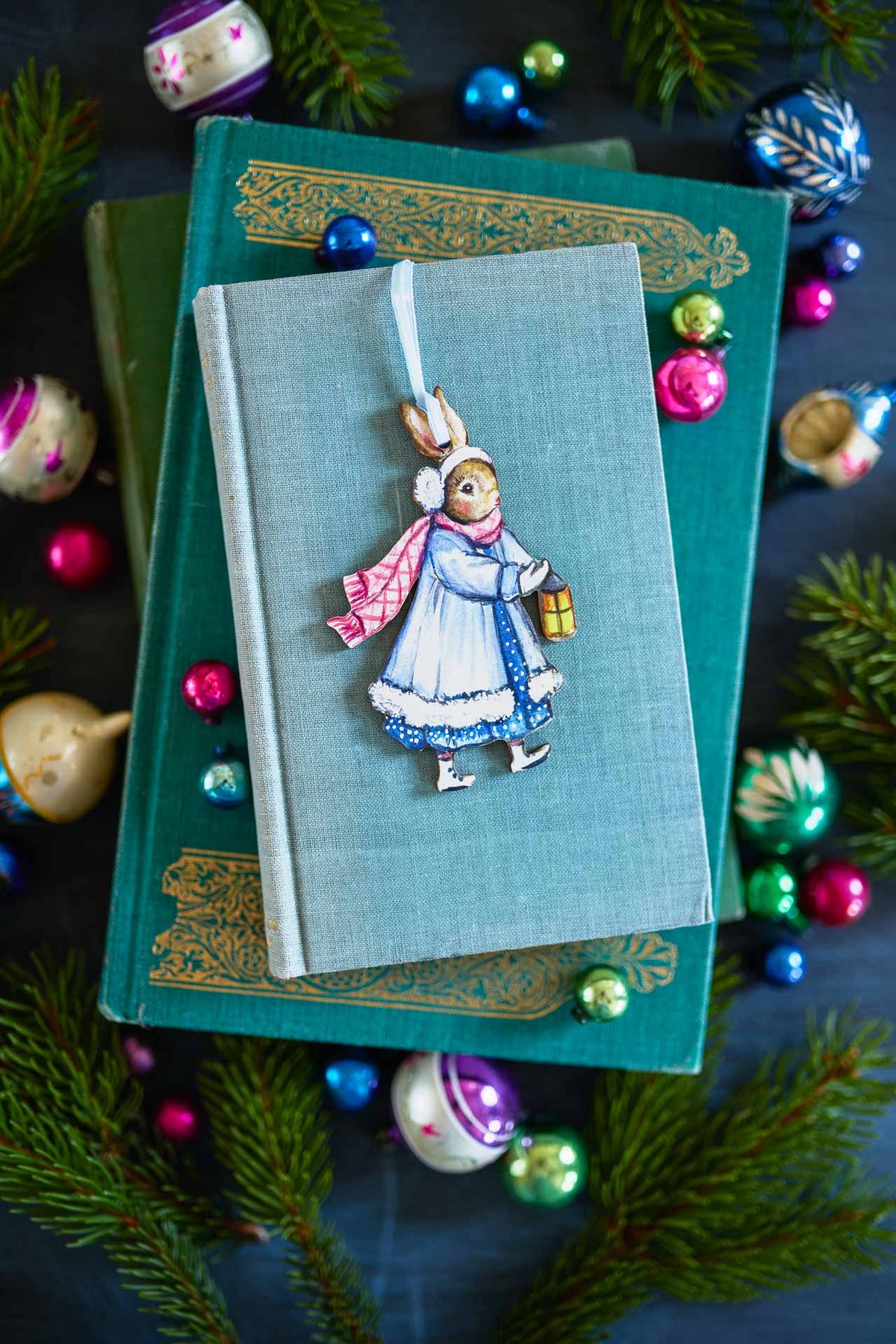 Skating Rabbit and Lantern ~ Hanging Wooden Decoration