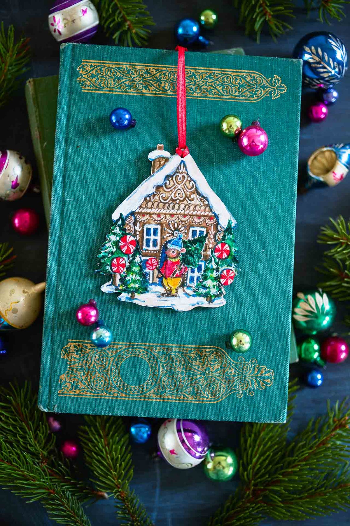 Gingerbread House with Mouse and Sweets ~ Hanging Wooden Decoration
