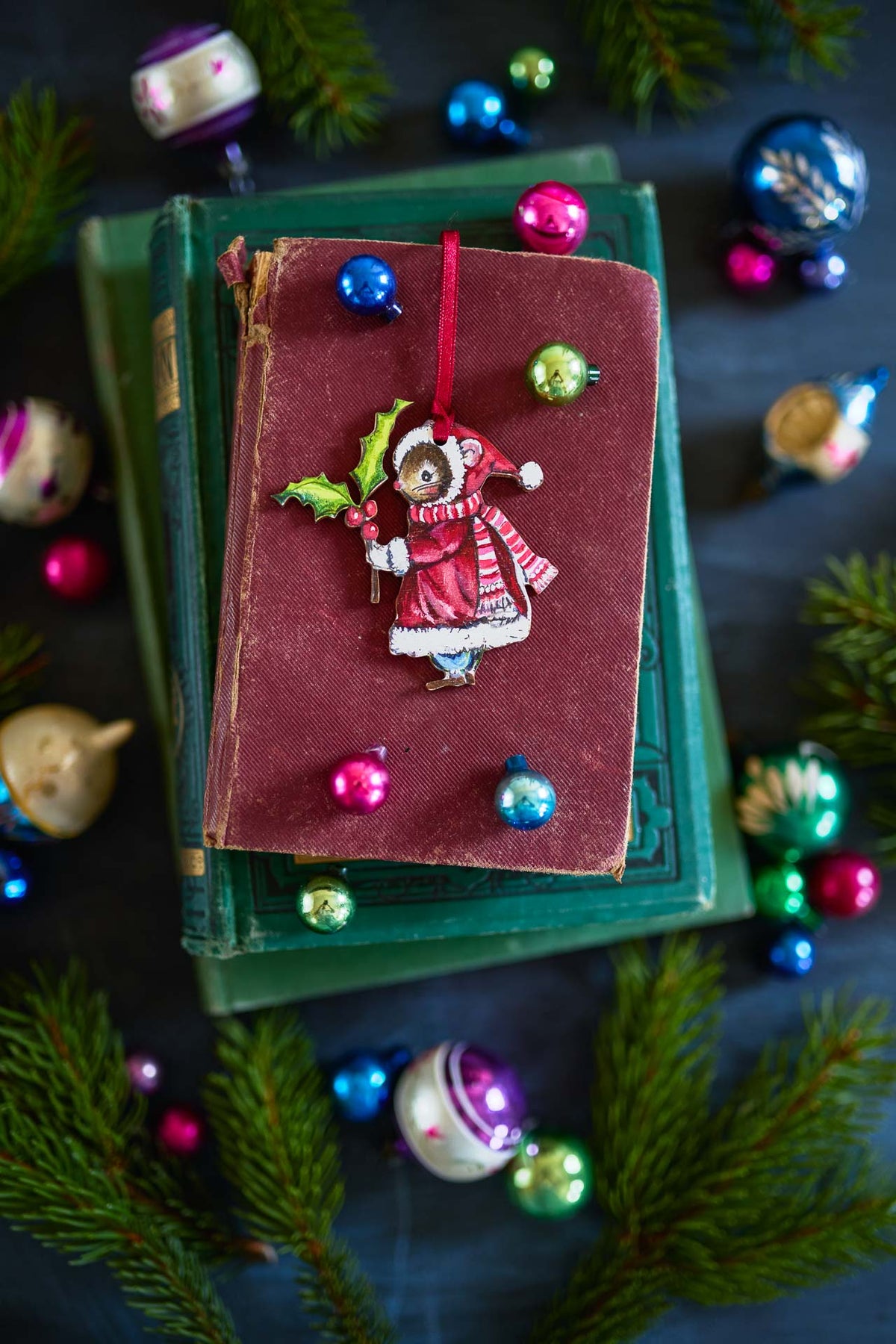 Christmas Holly Mouse ~ Hanging Wooden Decoration