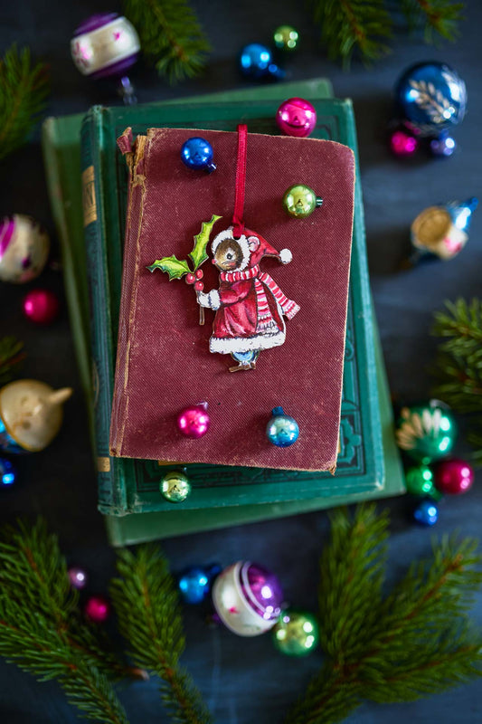 Christmas Holly Mouse ~ Hanging Wooden Decoration