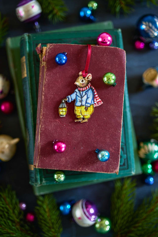 Mouse and Lantern ~ Hanging Wooden Decoration
