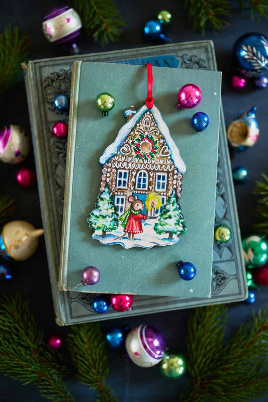 Gingerbread House and Mouse with Candle ~ Hanging Wooden Decoration