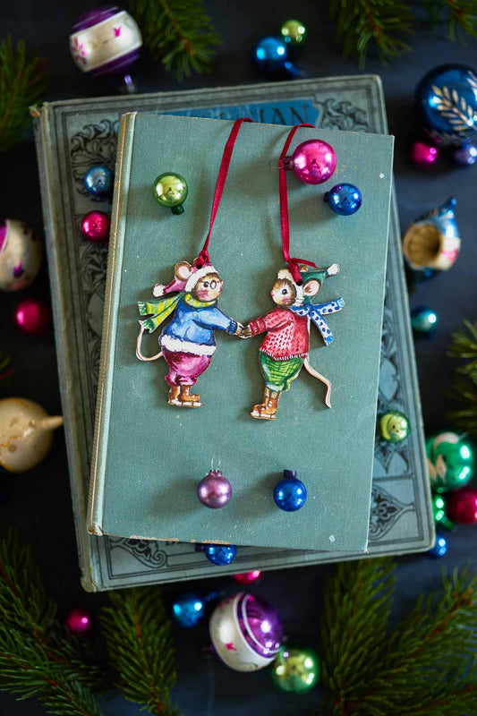 Skating Mice (Boys) ~ Hanging Wooden Decoration