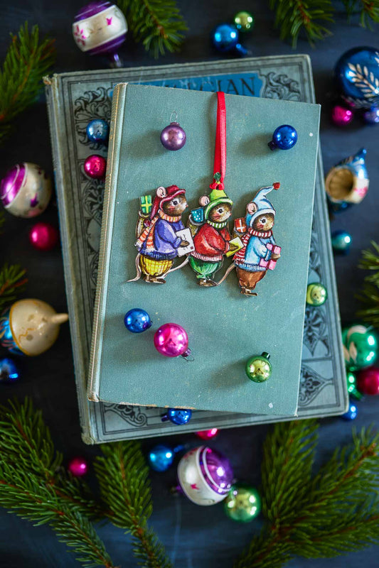 The Gifting Mice ~ Hanging Wooden Decoration