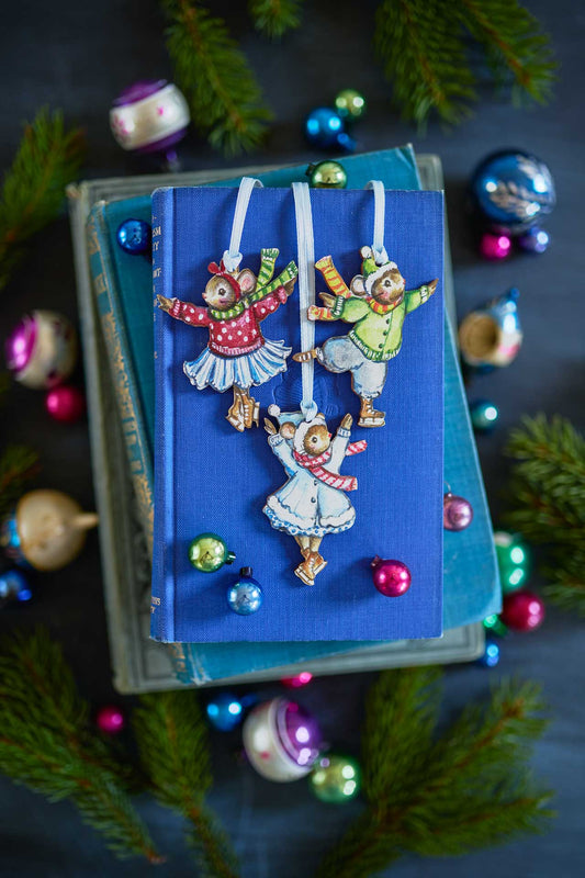 Trio of Skating Mice ~ Hanging Wooden Decorations