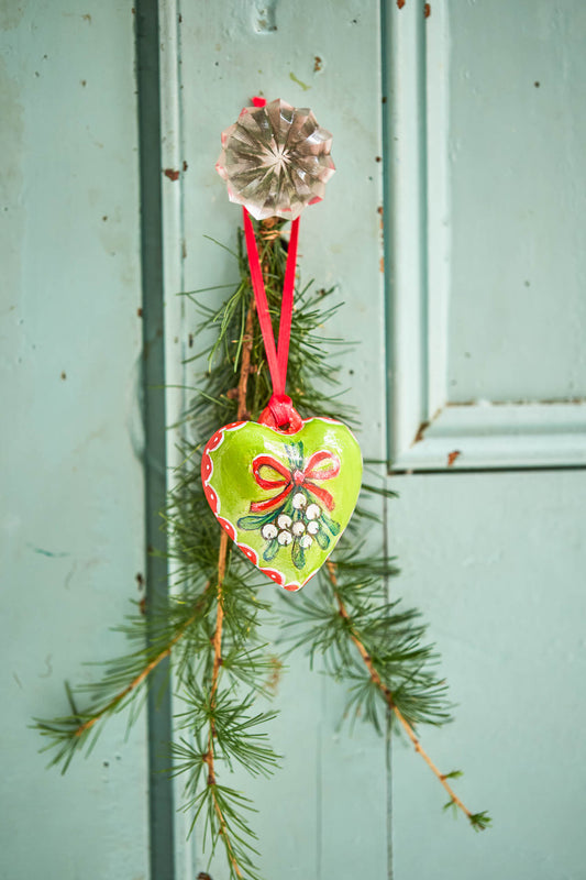 Mistletoe Heart ~ Hand Painted Hanging Ceramic Heart Bauble