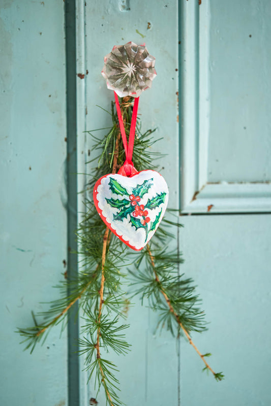 Holly Heart ~ Hand Painted Ceramic Heart Bauble