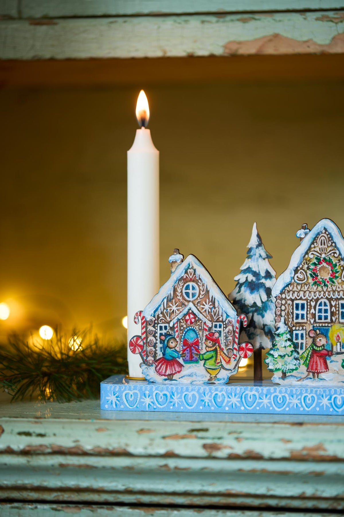 Gingerbread Village ~ Handpainted Wooden Candle Holder